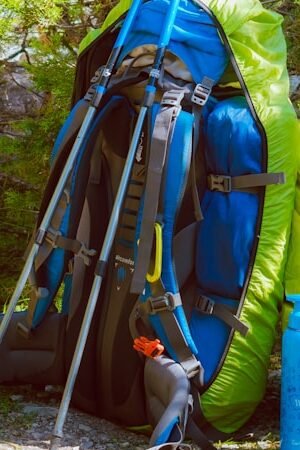 blue and black hiking backpacks on gray rocky ground